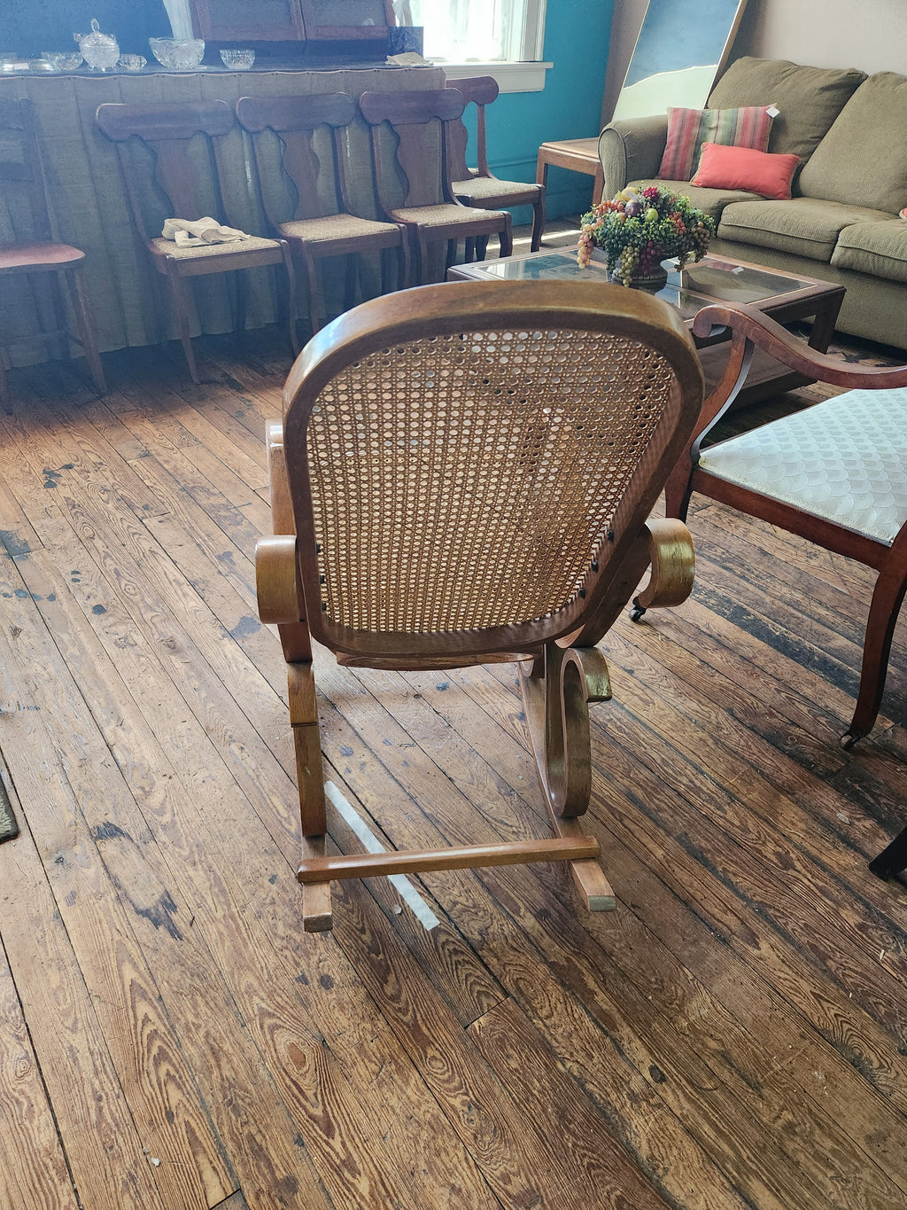 Vintage Thonet-style Oak Cane Rattan Bentwood Rocking Chair