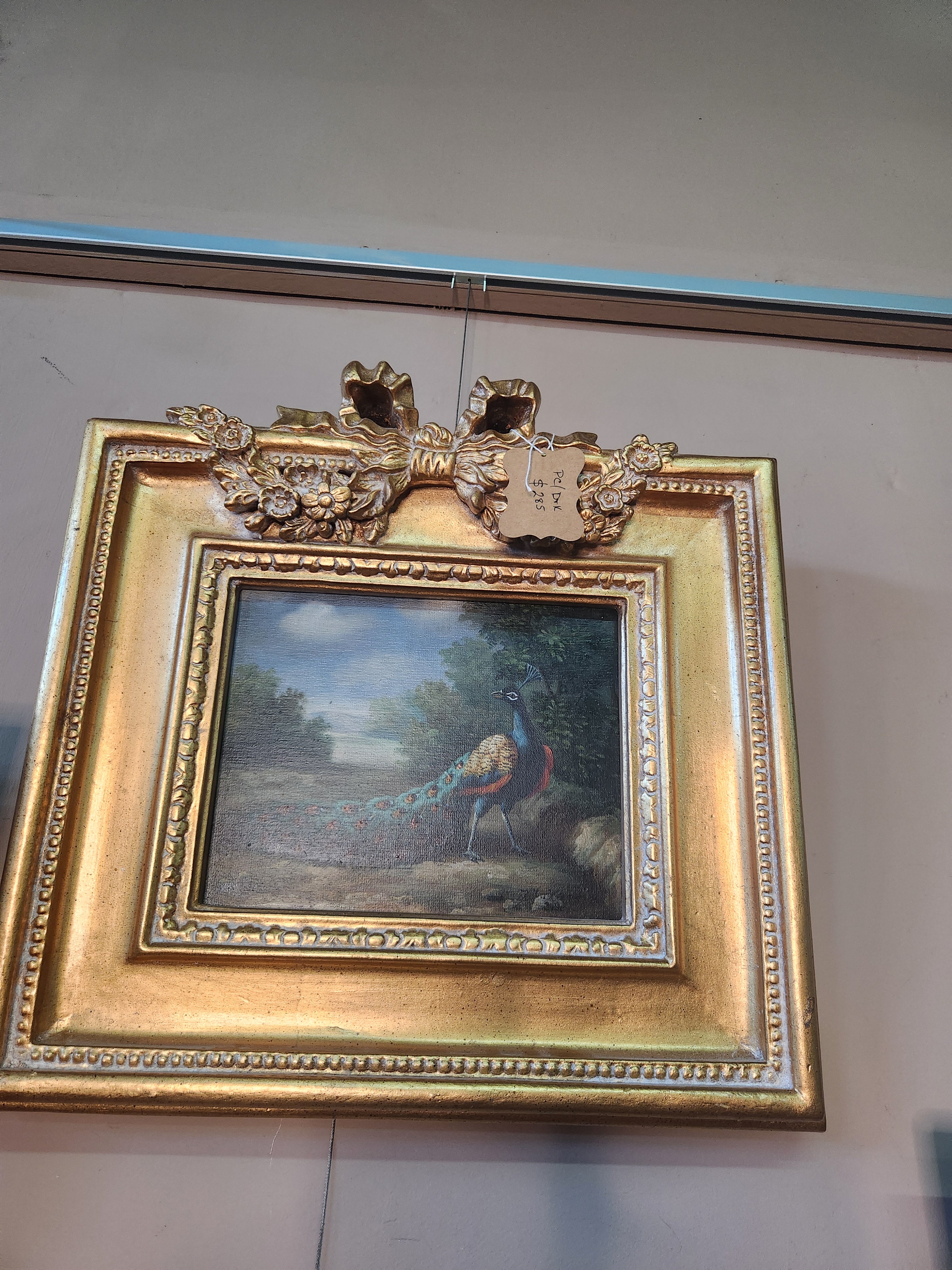 Vintage Framed Oil Painting Peacock Landscape Scene