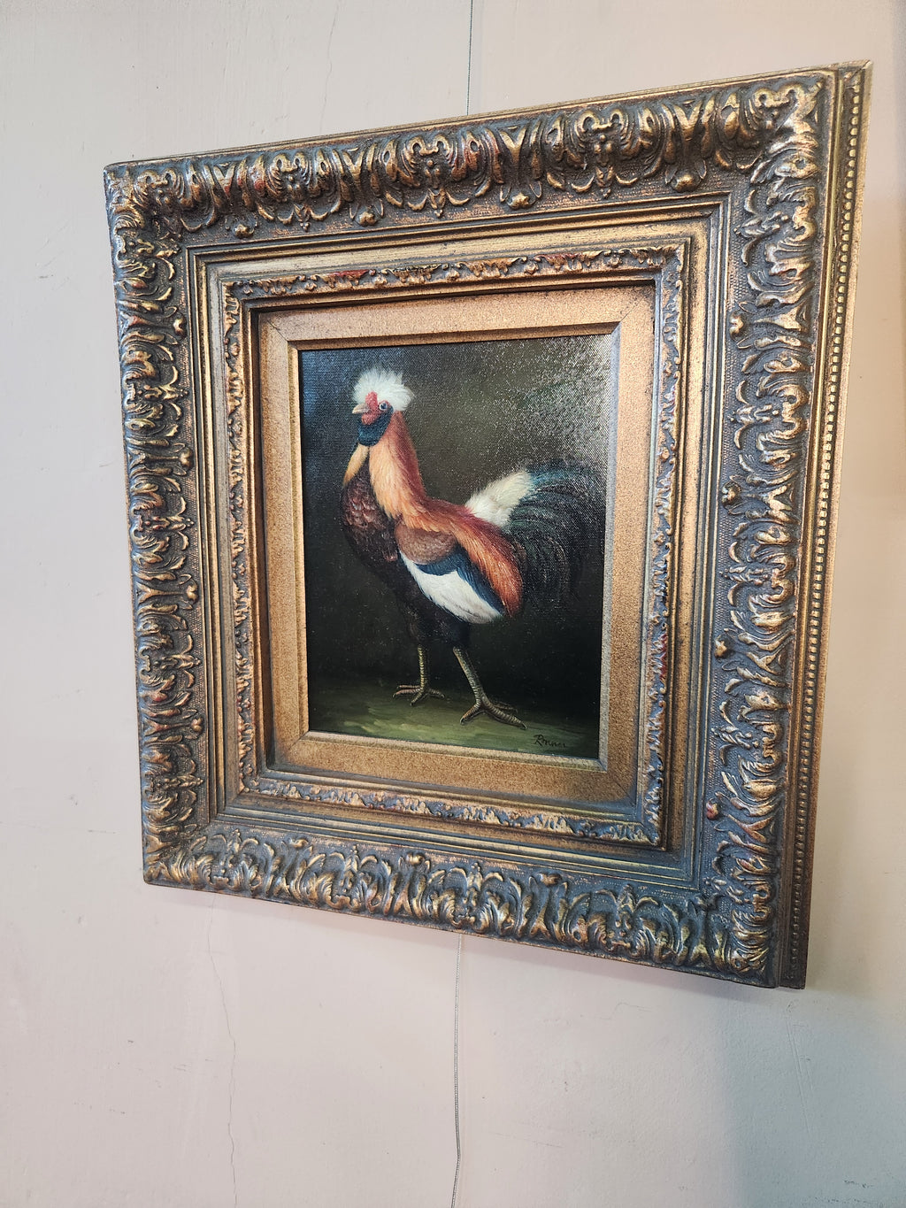 Framed Rooster Oil Painting