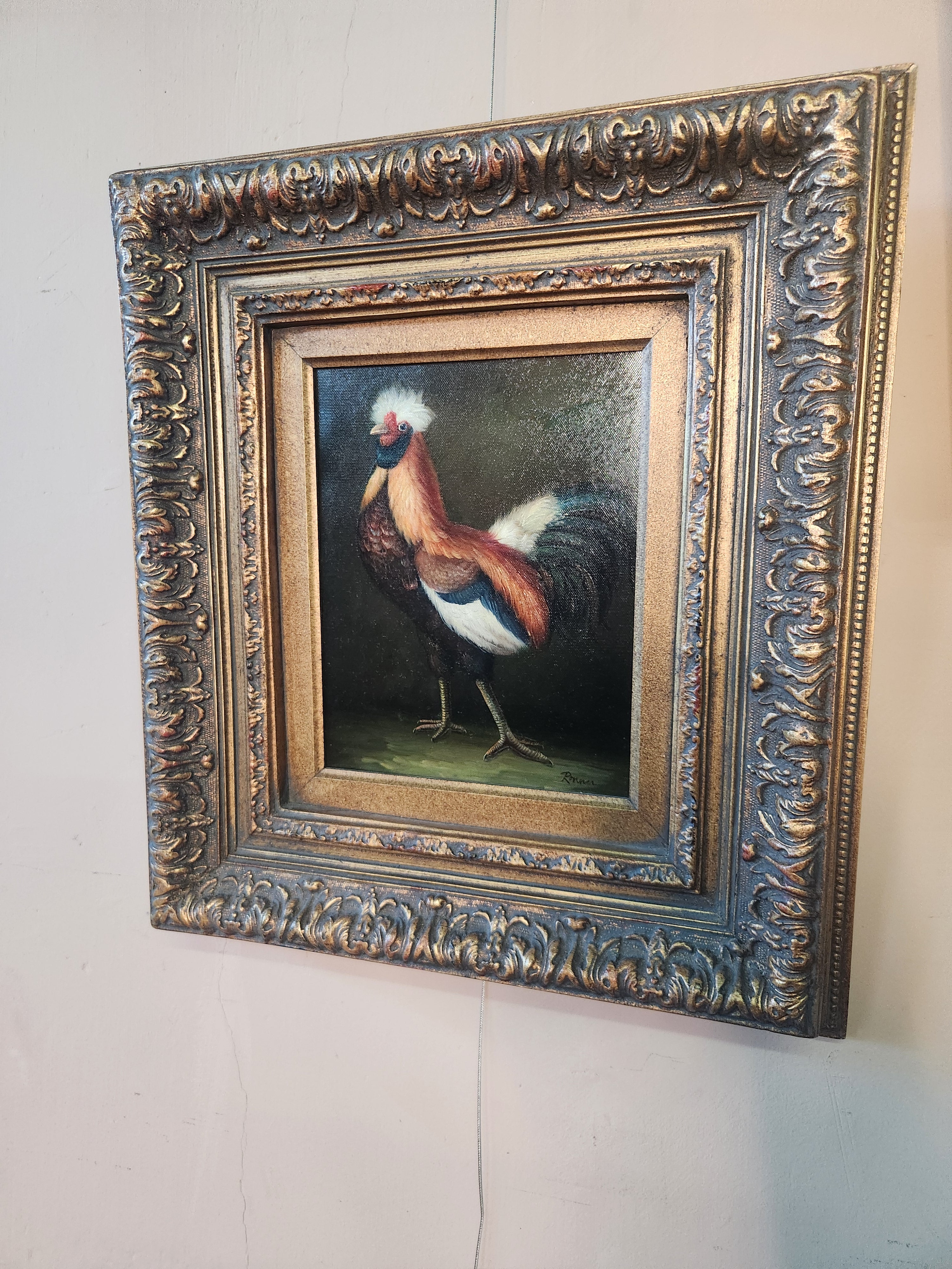 Framed Rooster Oil Painting