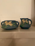 Vintage Roseville Zephyr Lily Blue Sugar Bowl & Creamer 1940's