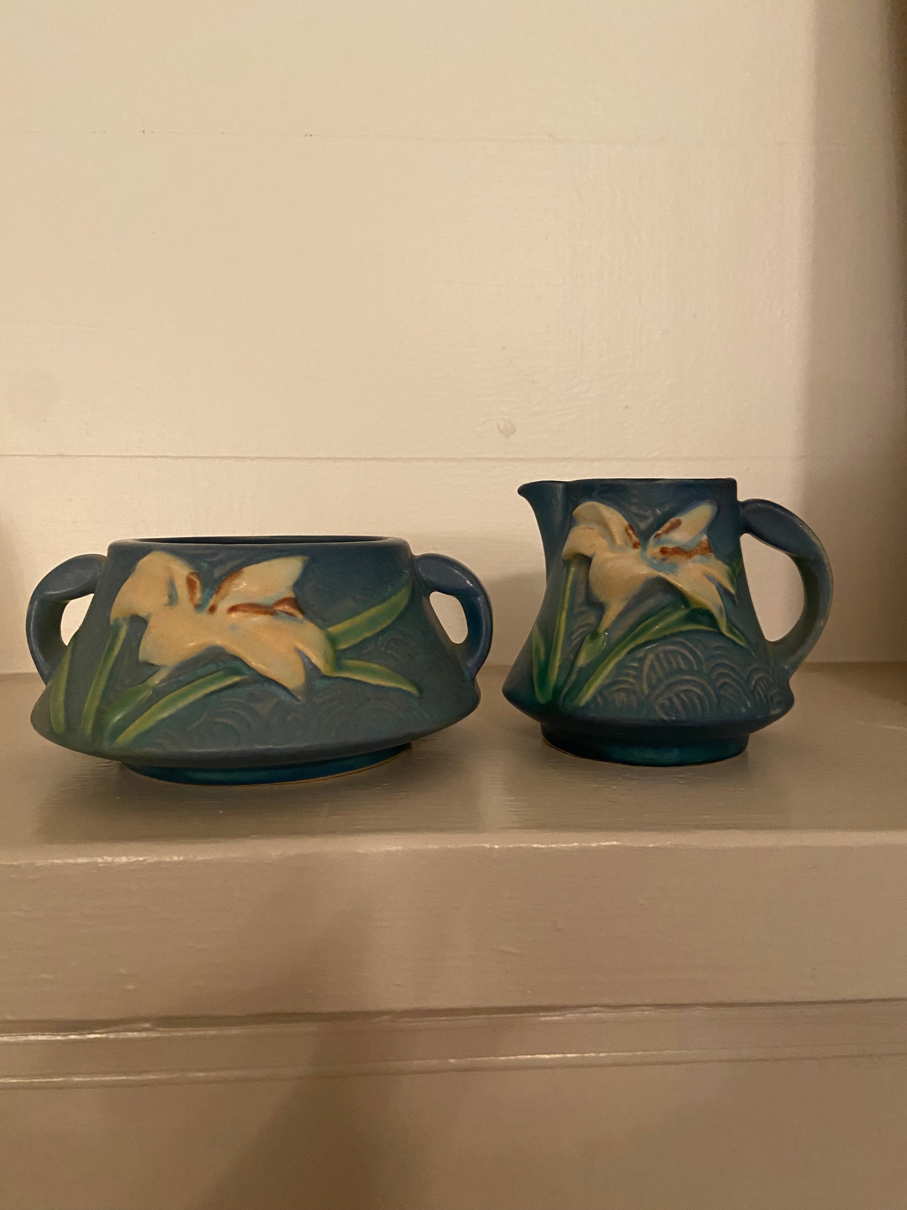 Vintage Roseville Zephyr Lily Blue Sugar Bowl & Creamer 1940's