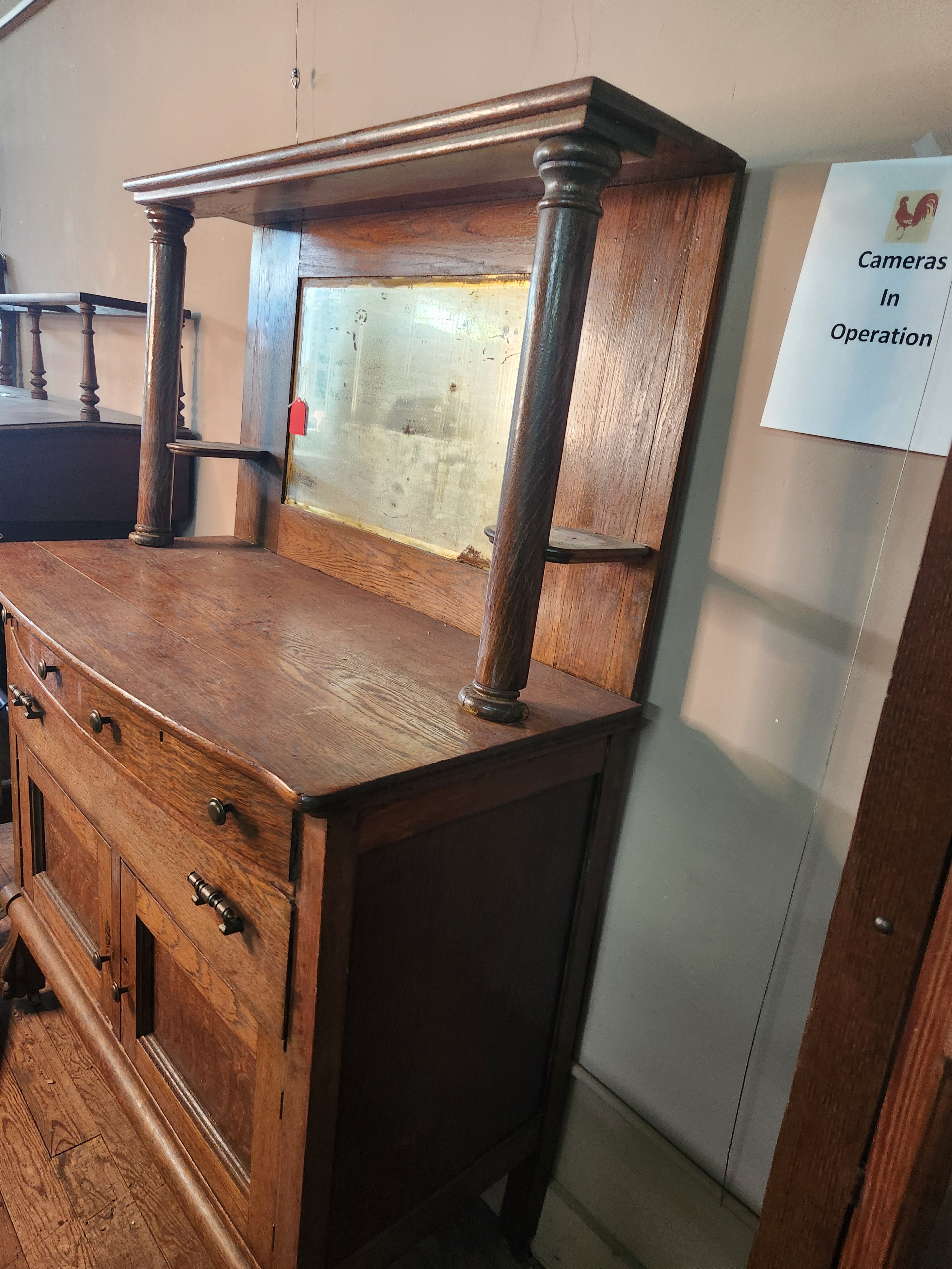 Antique Oak Sideboard Buffet with Beveled Mirror on Casters