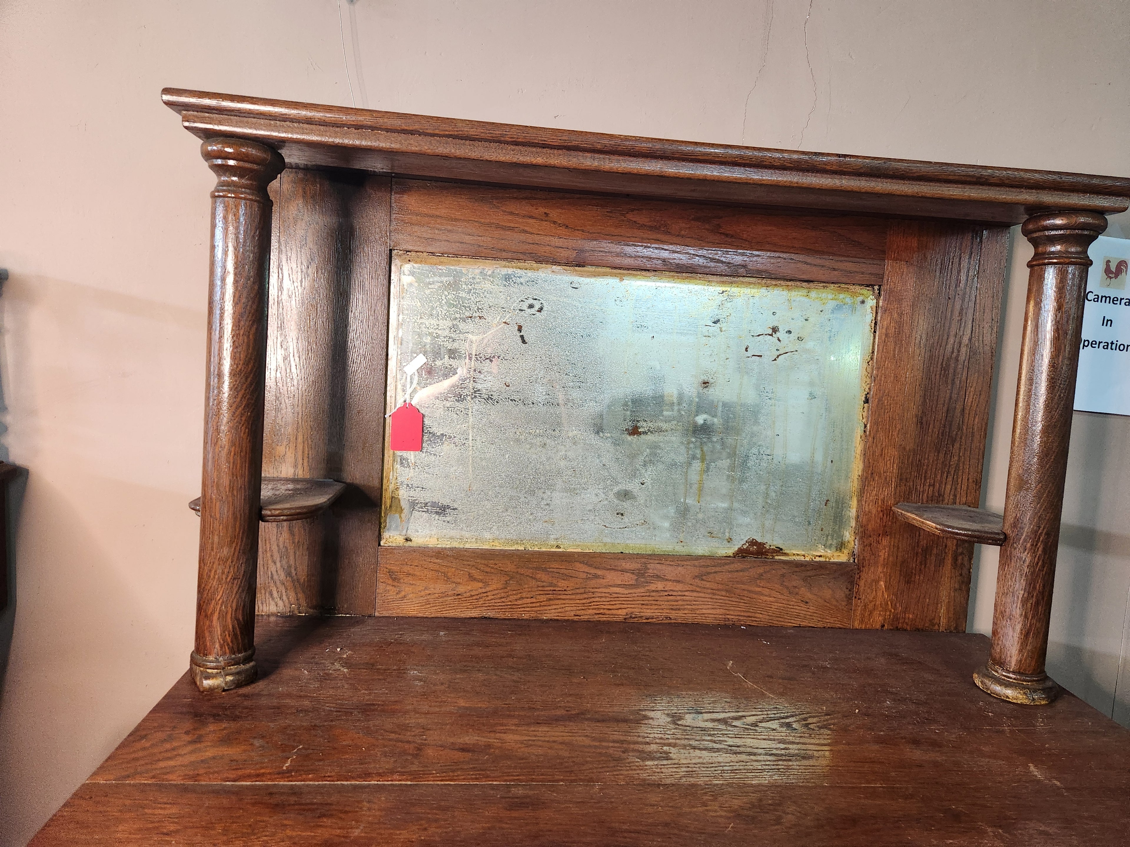 Antique Oak Sideboard Buffet with Beveled Mirror on Casters