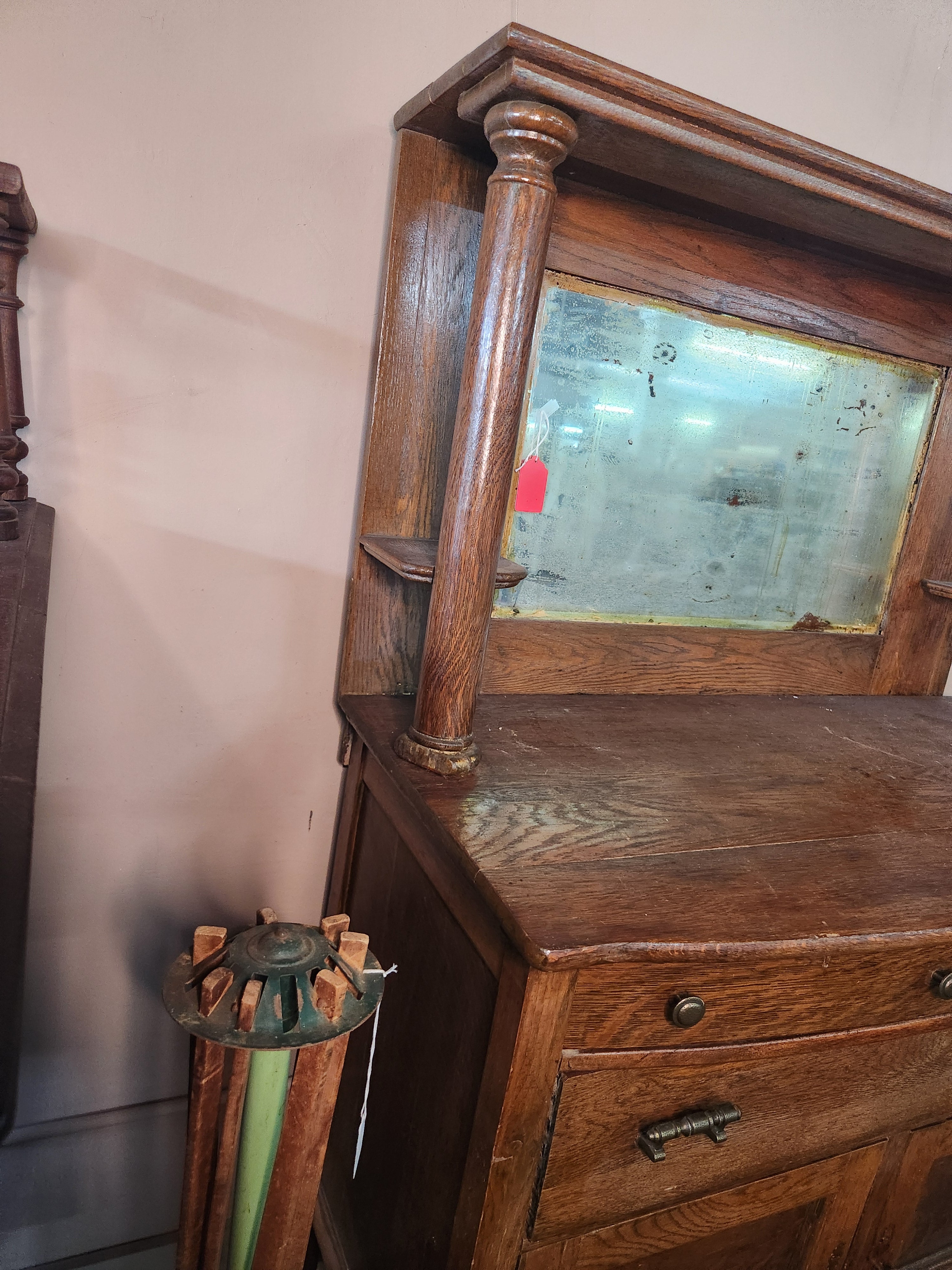 Antique Oak Sideboard Buffet with Beveled Mirror on Casters