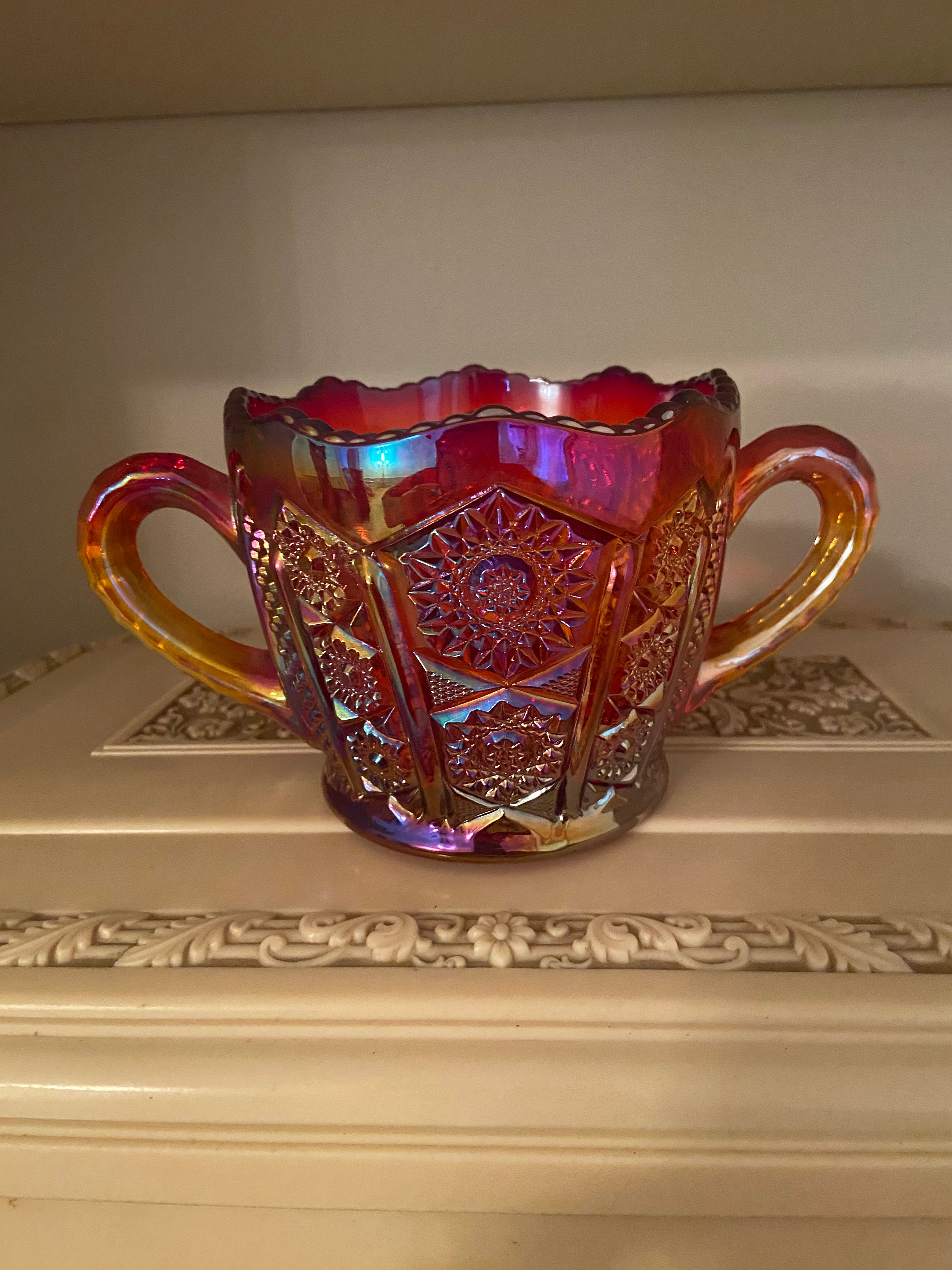 Vintage Carnival Glass Heirloom Sunset Amberina Two-handled Sugar Bowl