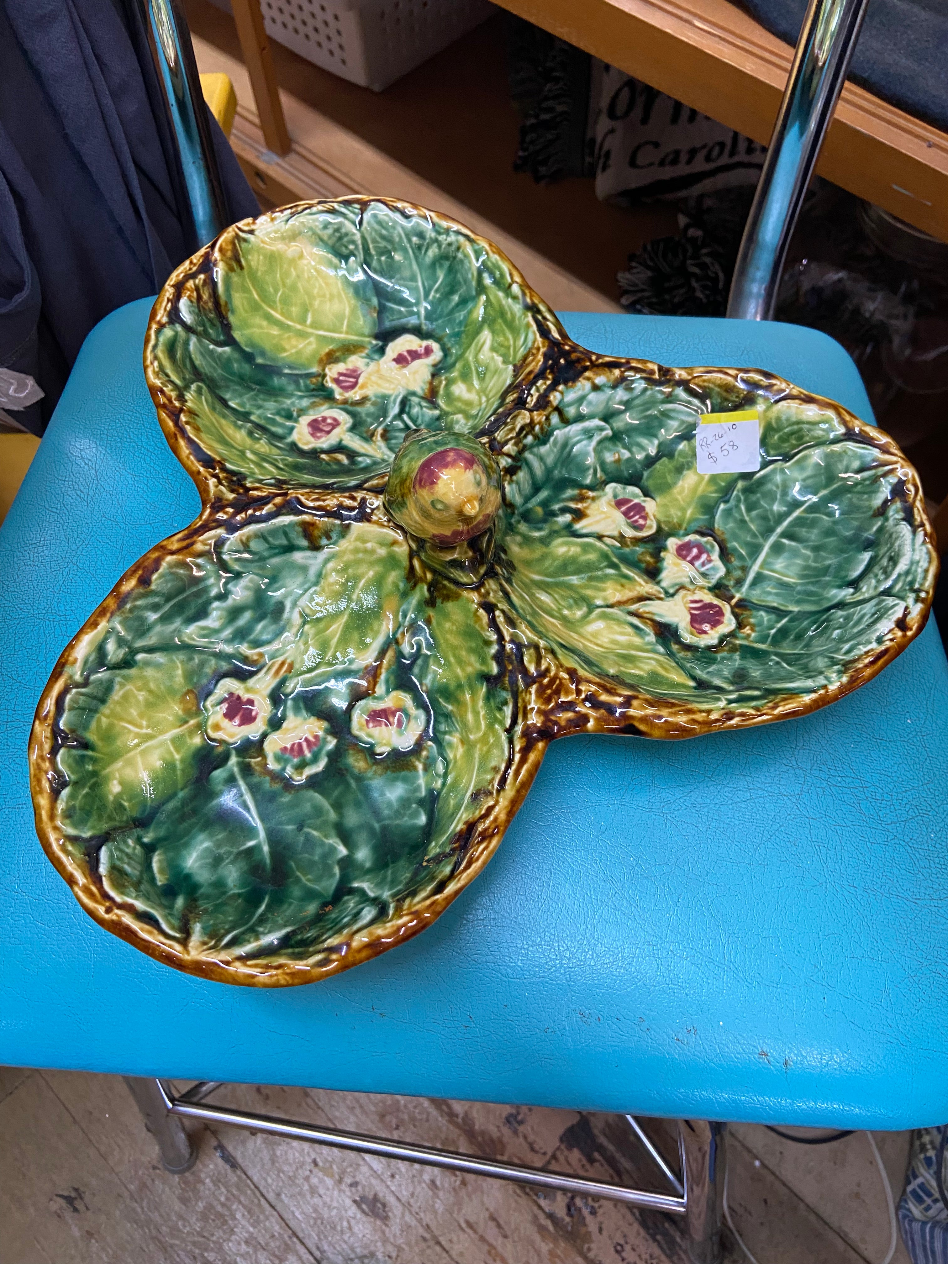 Vintage Three-Leaf Divided Dish Mid-Century Majolica-Style