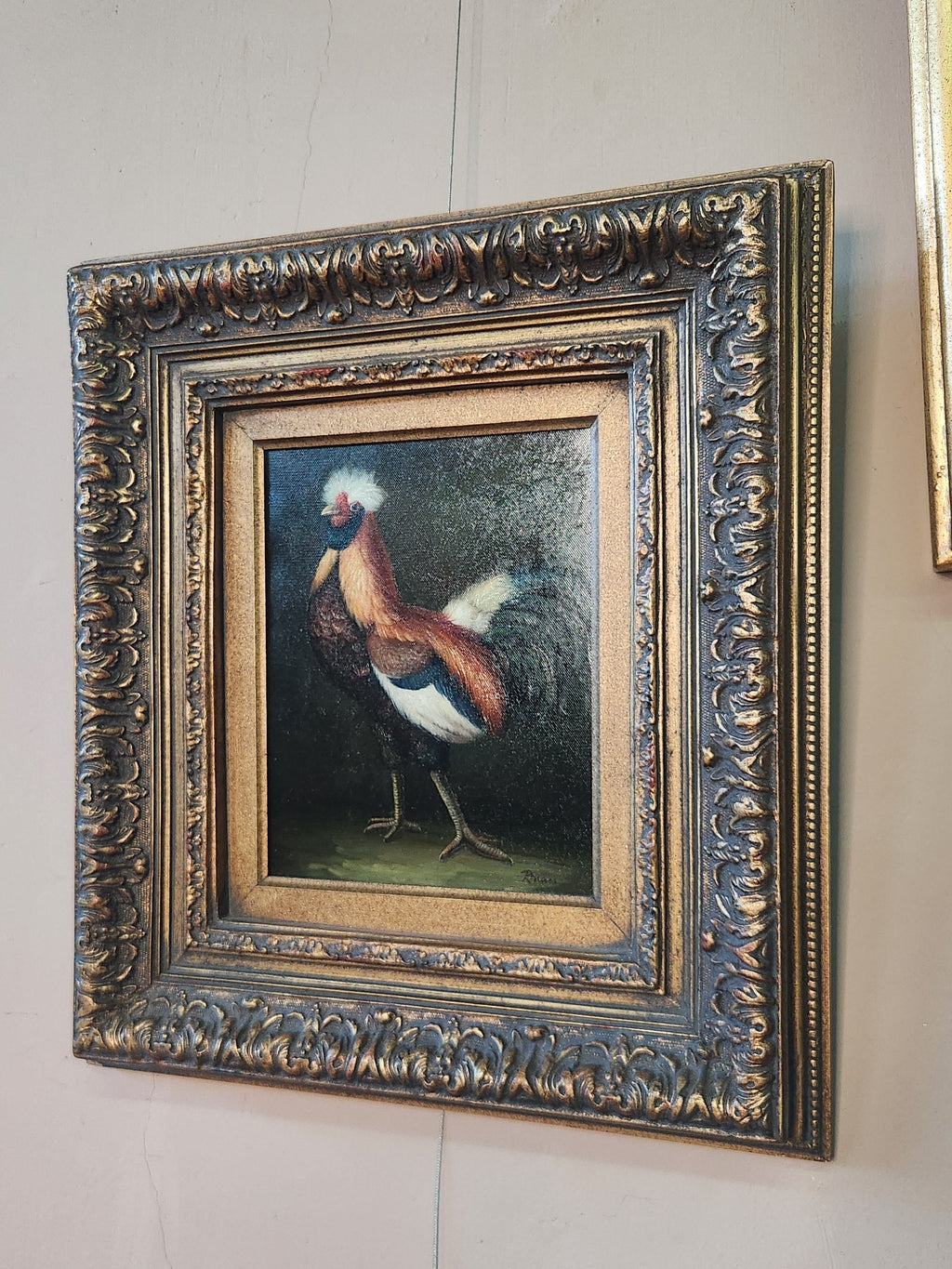Framed Rooster Oil Painting
