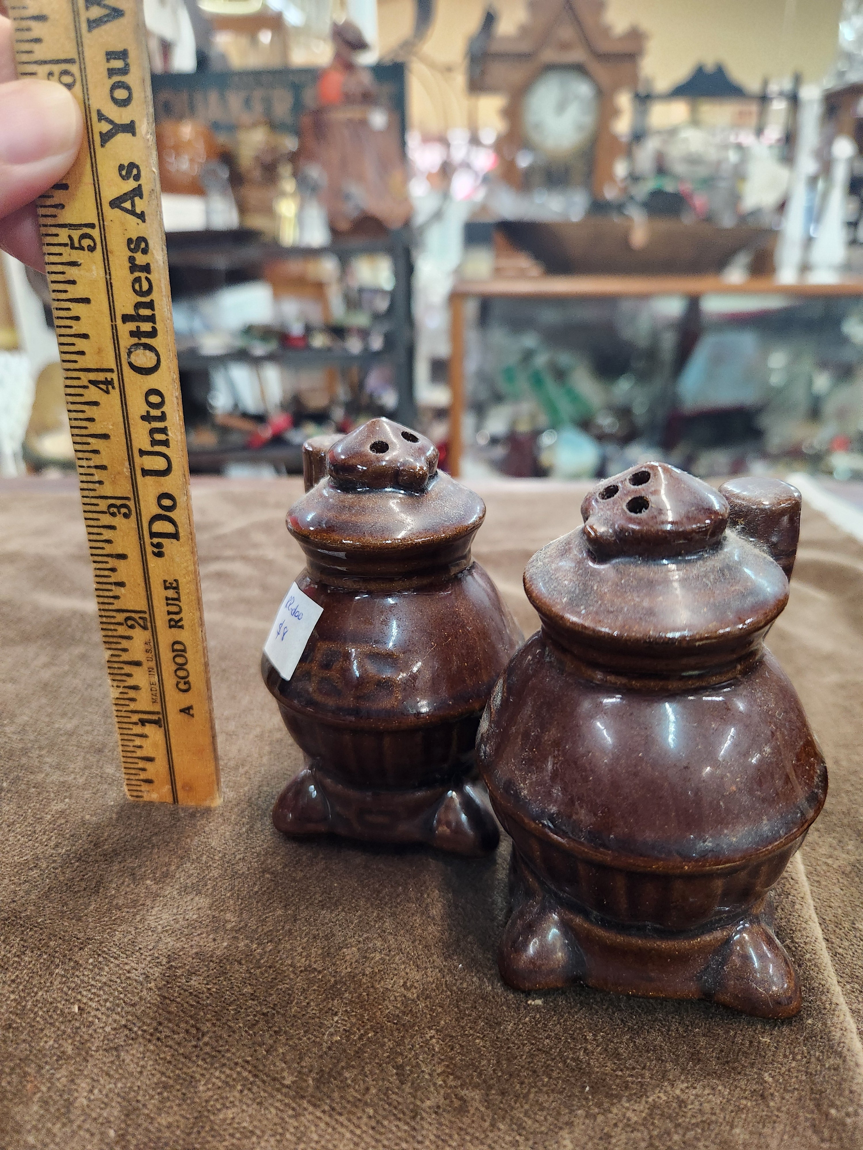 Vintage Dark Brown Ceramic Pot-Belly Stove S&P Shakers