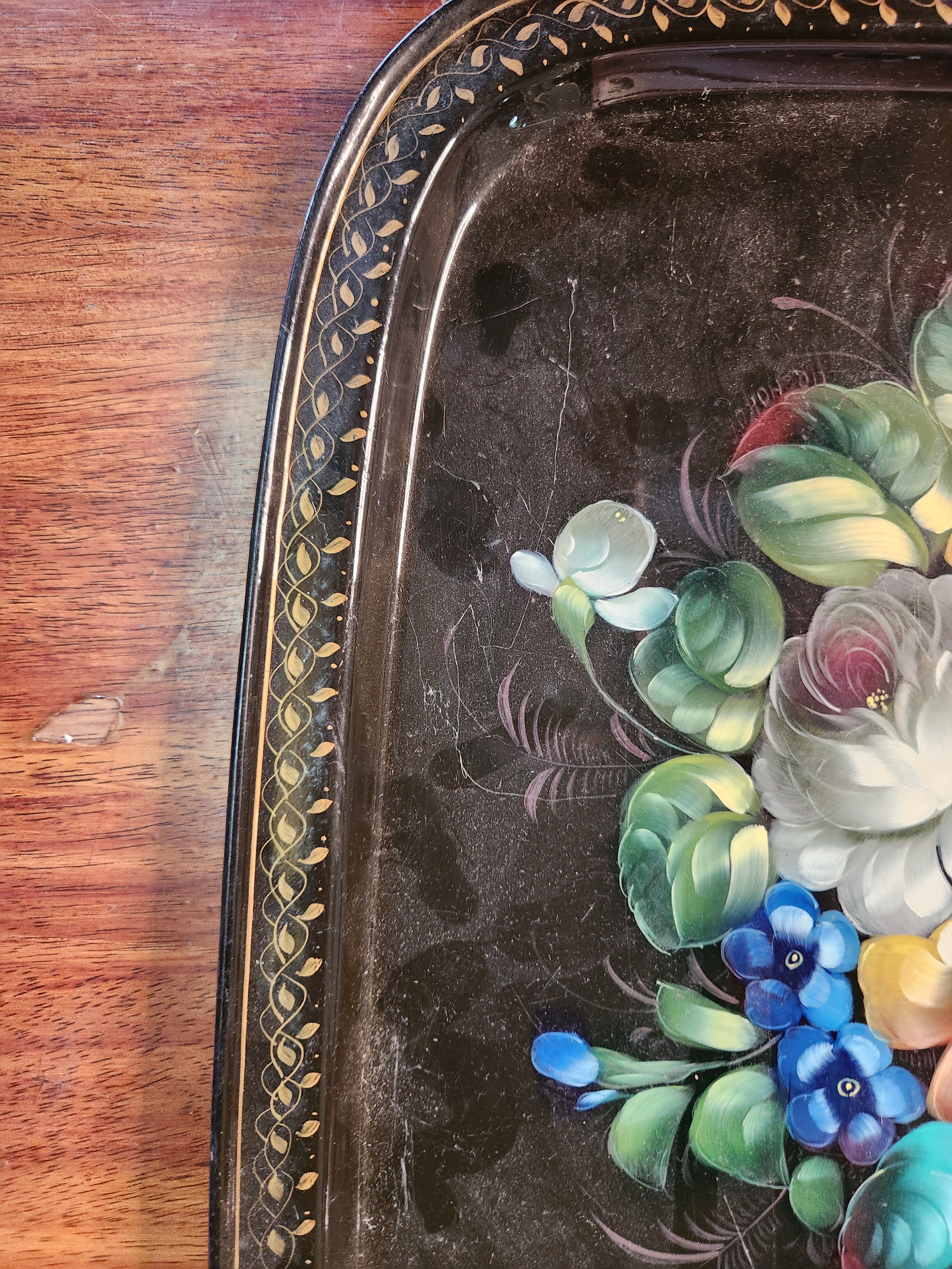 Vintage Zhostovo-Style Hand-Painted Floral Metal Serving Tray