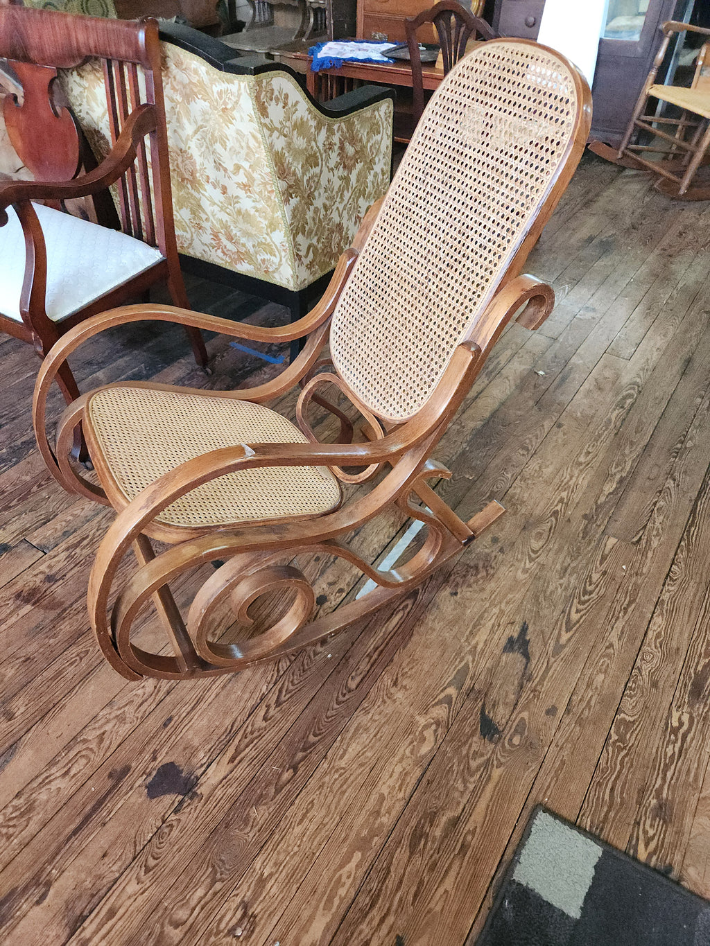 Vintage Thonet-style Oak Cane Rattan Bentwood Rocking Chair