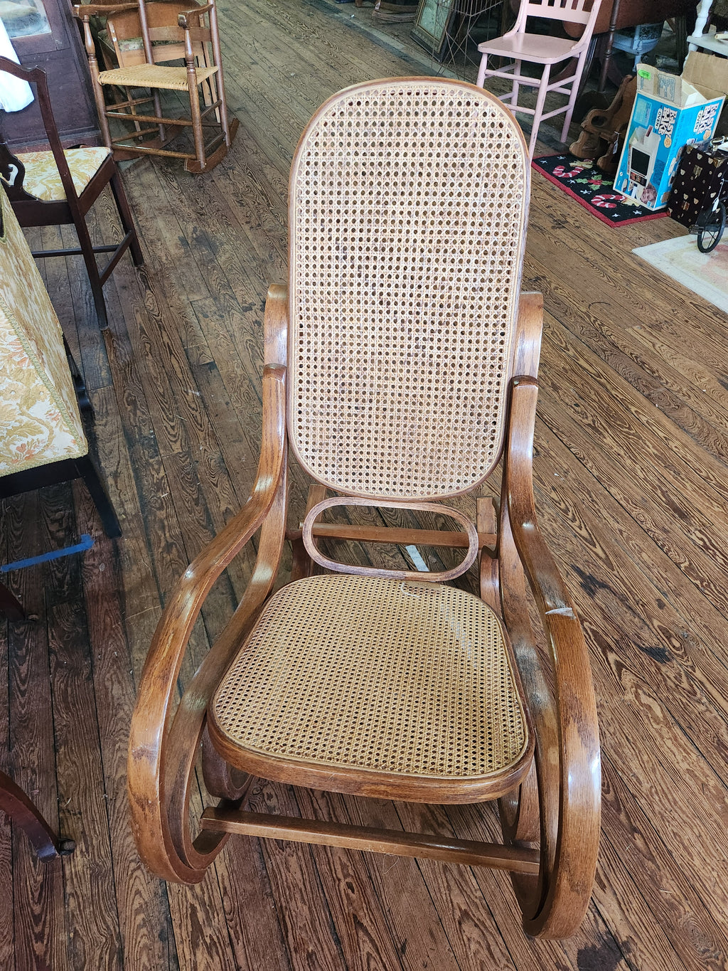 Vintage Thonet-style Oak Cane Rattan Bentwood Rocking Chair
