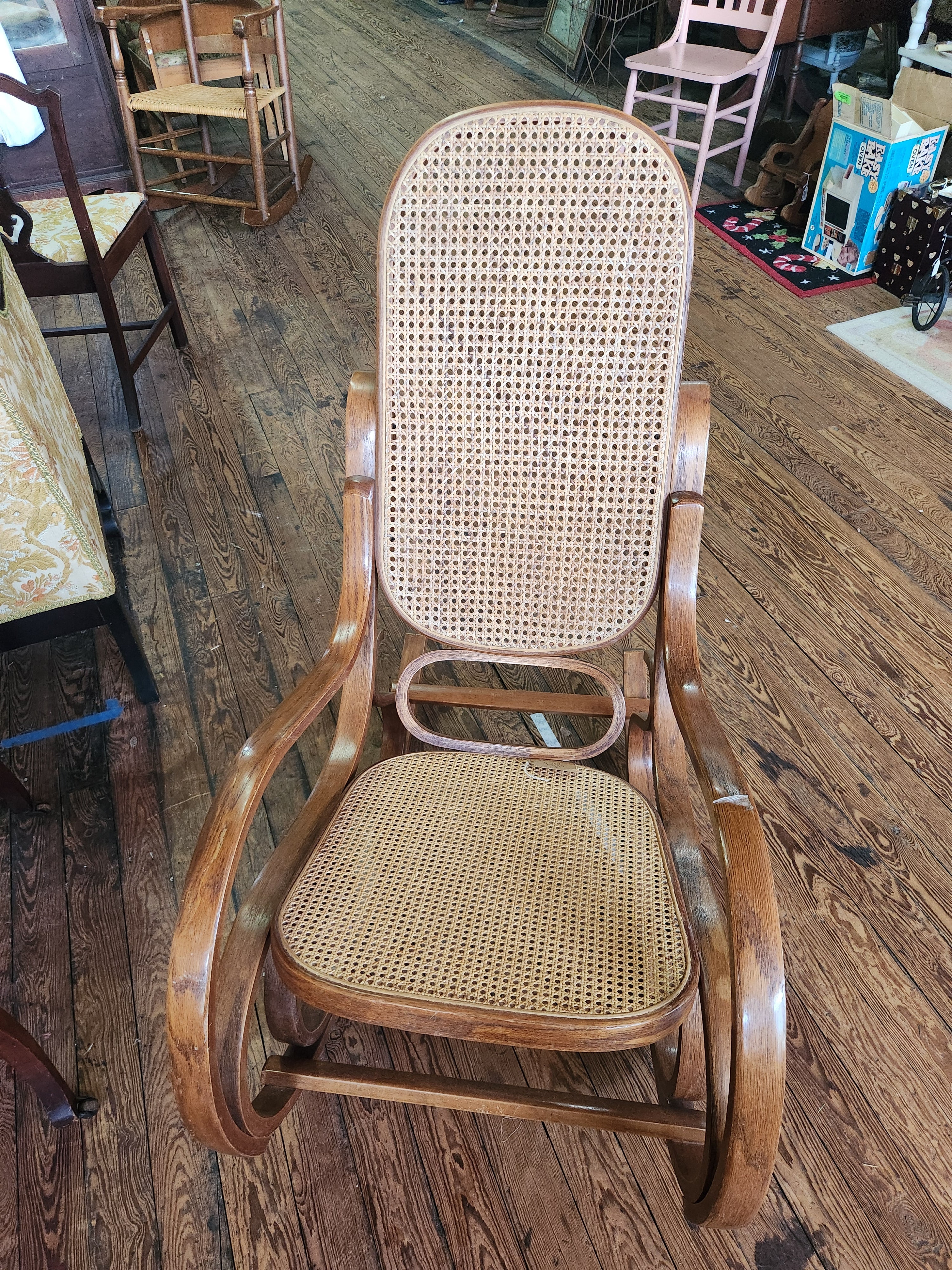 Vintage Thonet-style Oak Cane Rattan Bentwood Rocking Chair