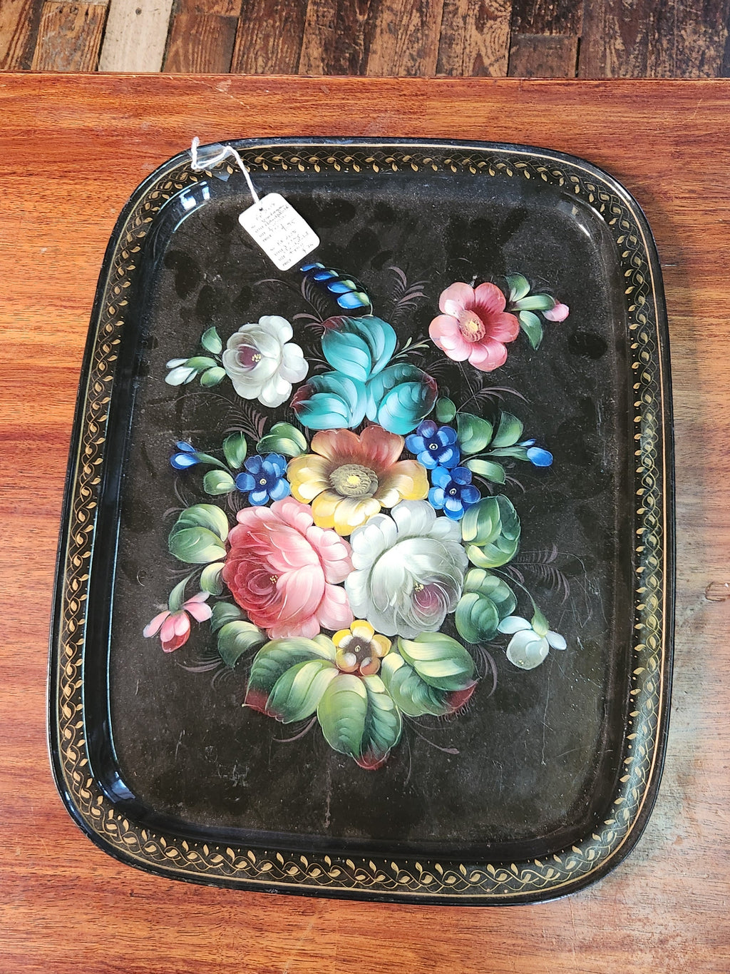Vintage Zhostovo-Style Hand-Painted Floral Metal Serving Tray