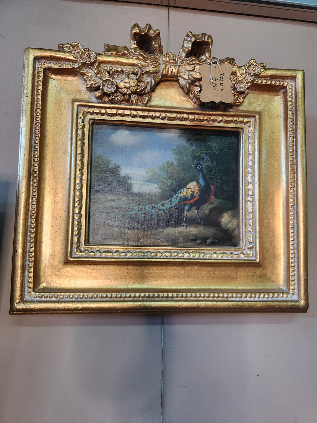 Vintage Framed Oil Painting Peacock Landscape Scene