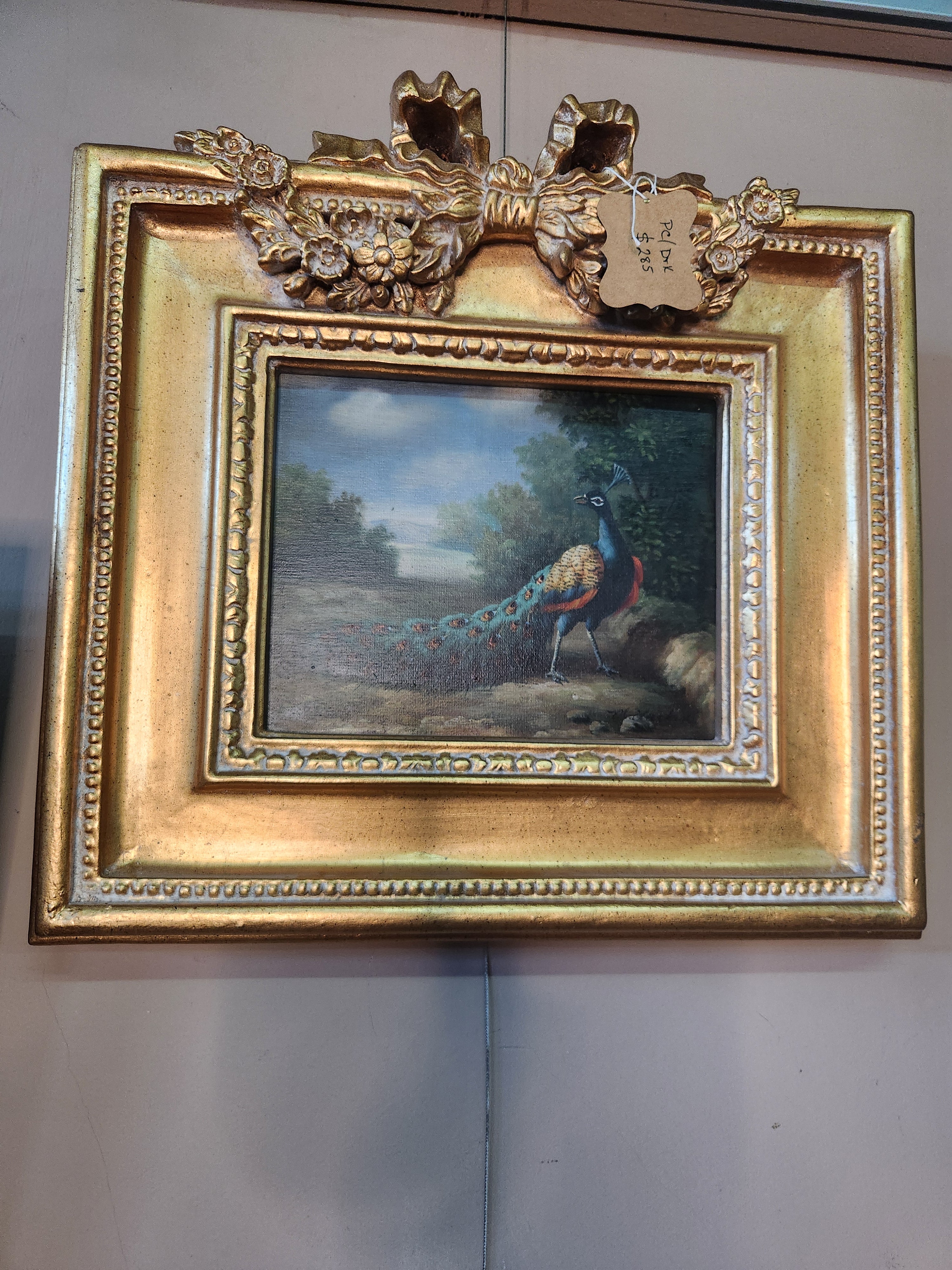 Vintage Framed Oil Painting Peacock Landscape Scene