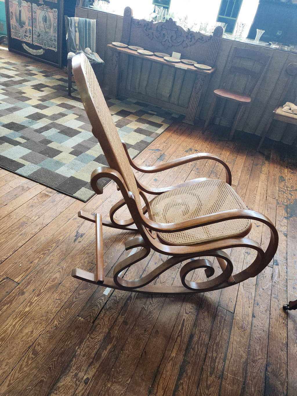 Vintage Thonet-style Oak Cane Rattan Bentwood Rocking Chair