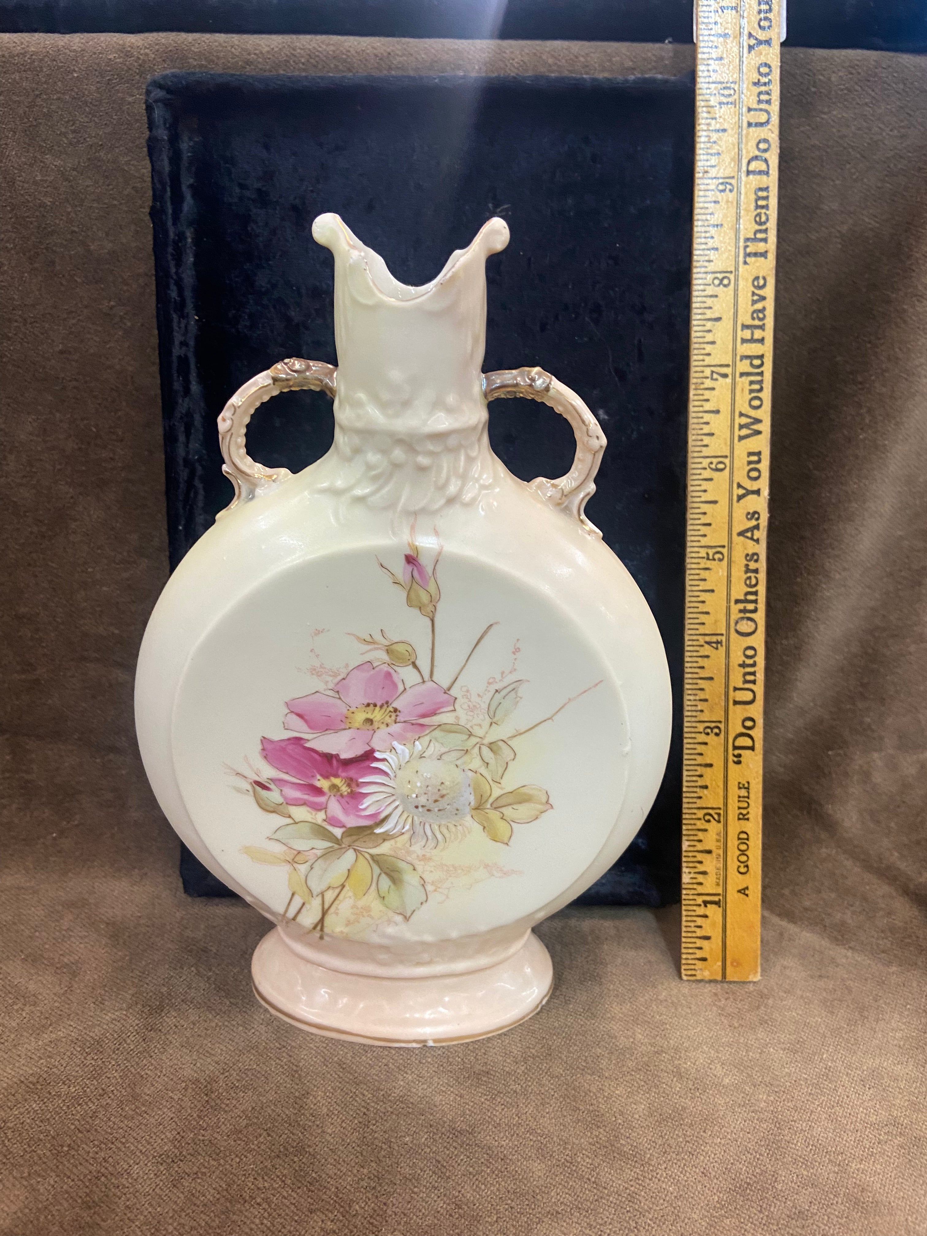Antique Austrian Porcelain Pillow Vase aka Moon Flask or Canteen Vase