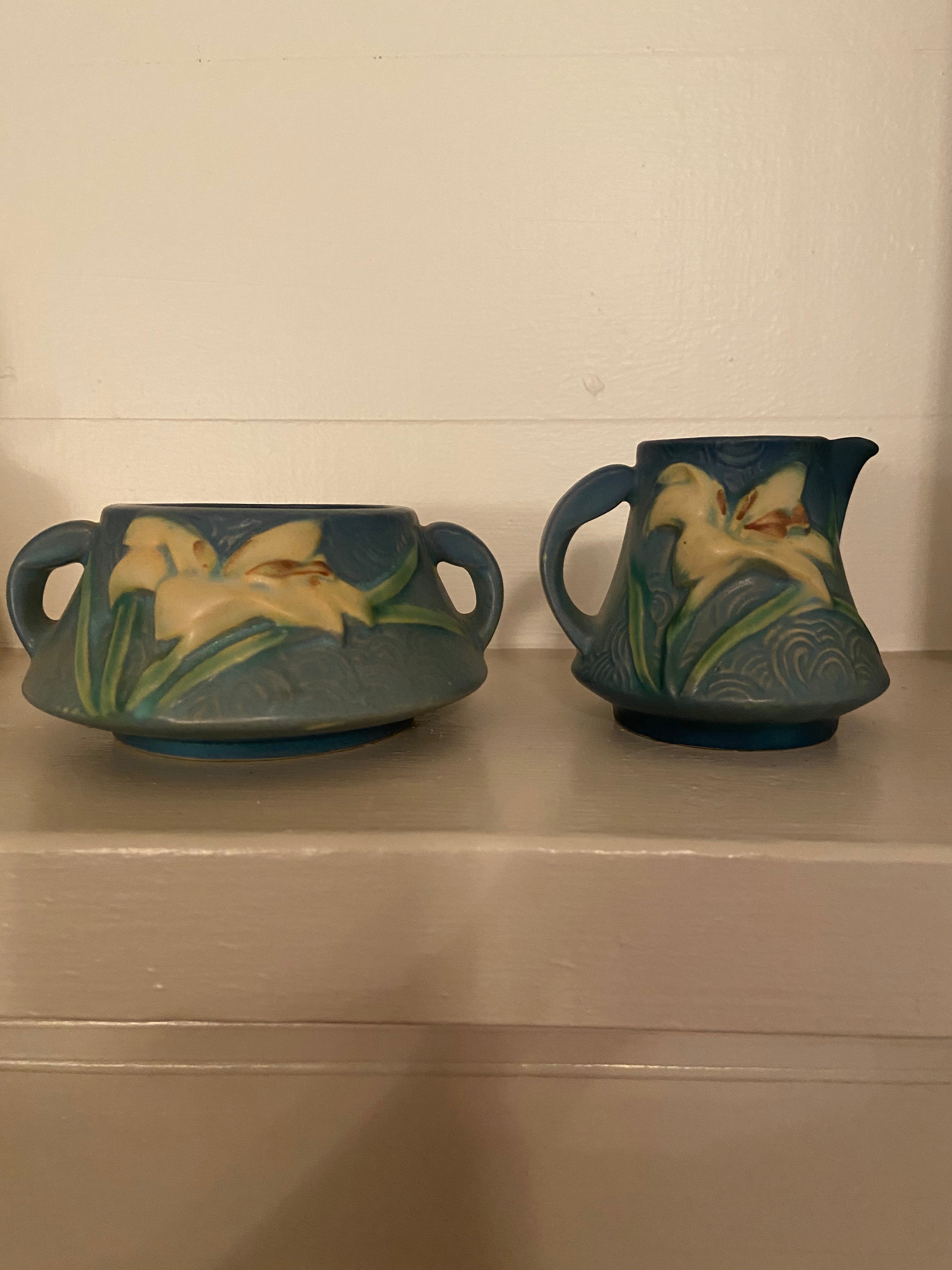 Vintage Roseville Zephyr Lily Blue Sugar Bowl & Creamer 1940's