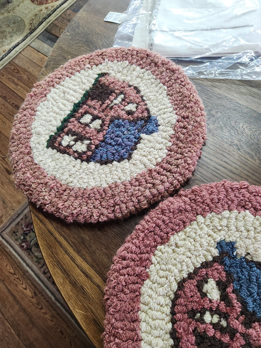 Pair of Vintage Hook Rug Seat Cushions