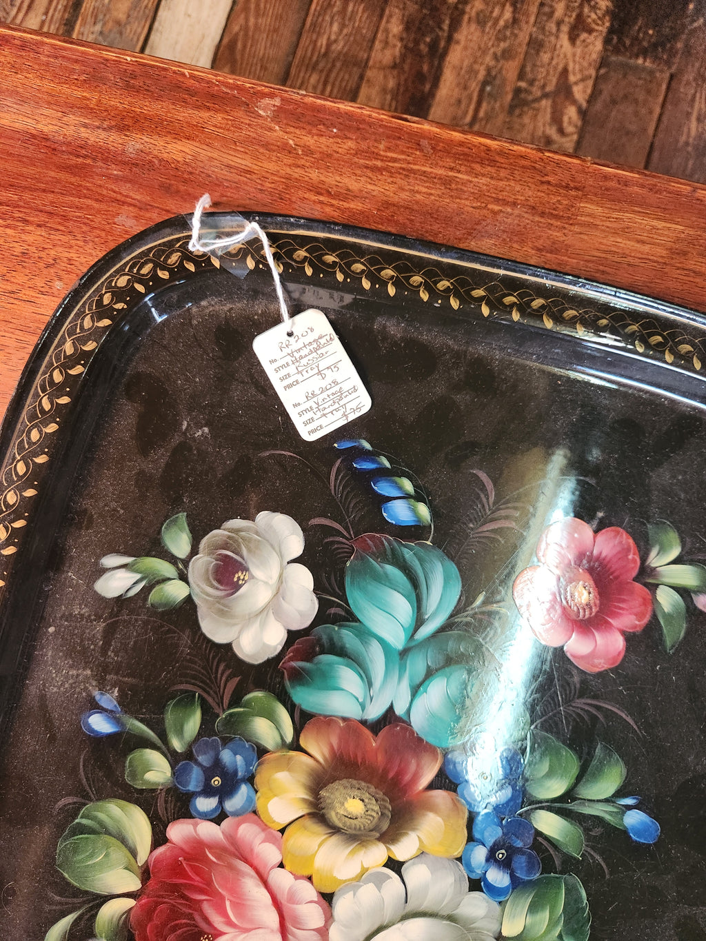 Vintage Zhostovo-Style Hand-Painted Floral Metal Serving Tray