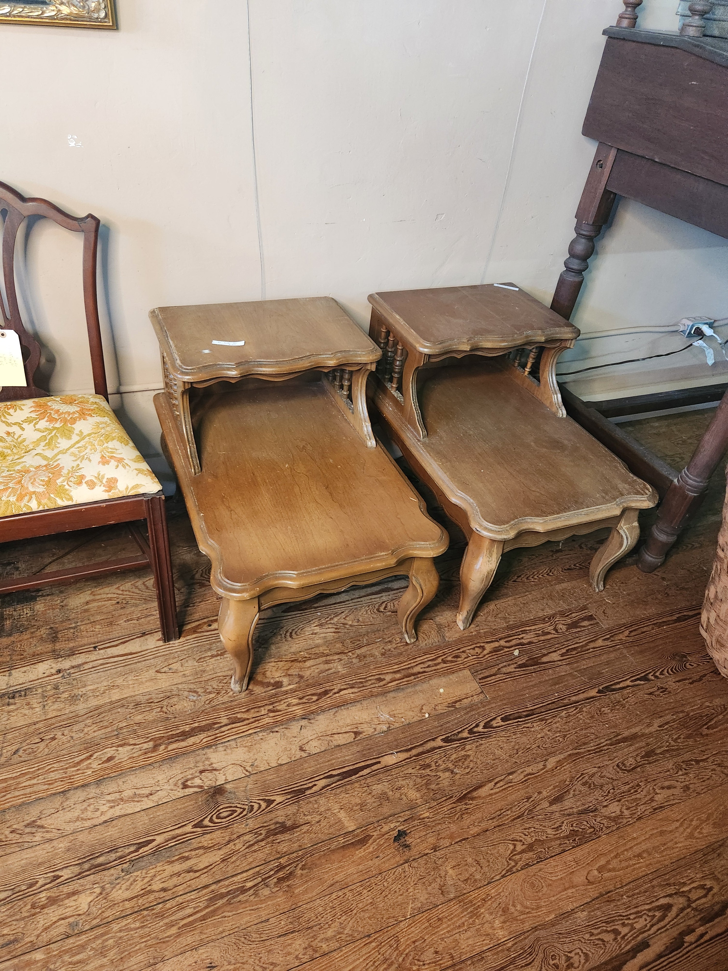Pair of Vintage Mid-Century Wooden Two-Tier Step End Tables