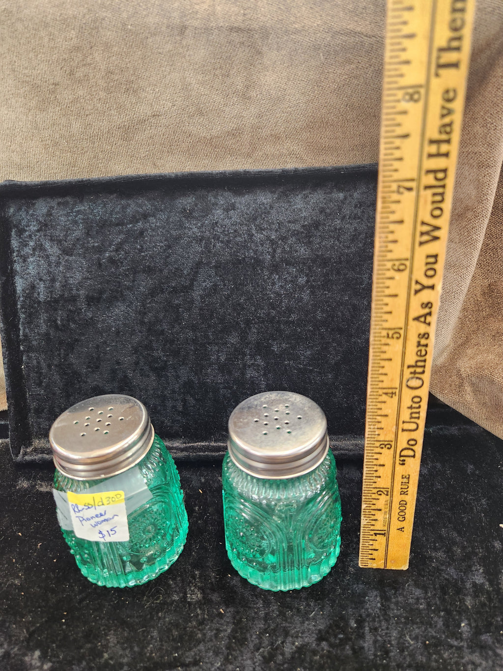Pioneer Woman Adeline Teal Pressed Glass S&P Shakers