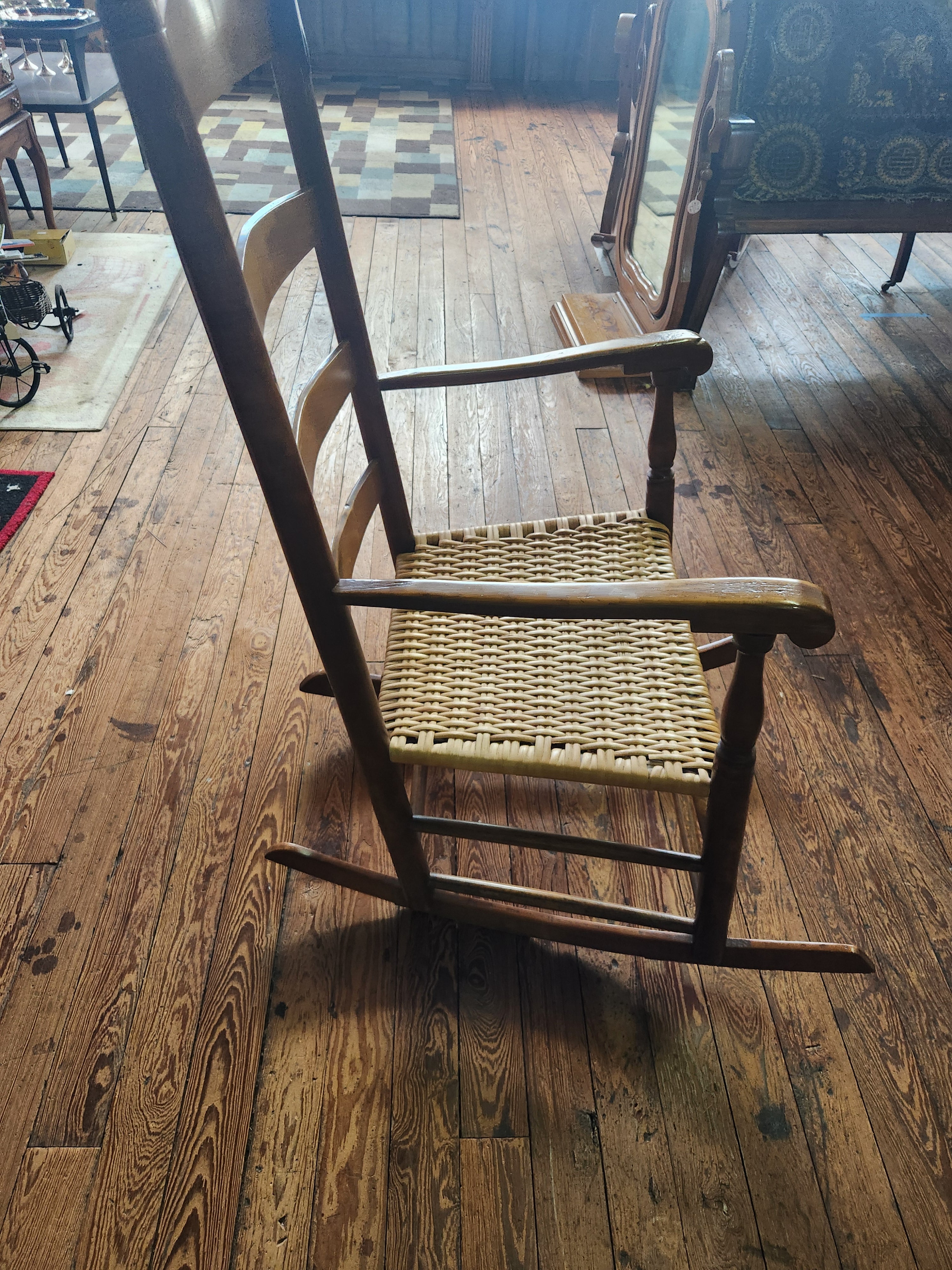 Vintage Ladder-Back Woven Splint Seat Rocking Chair