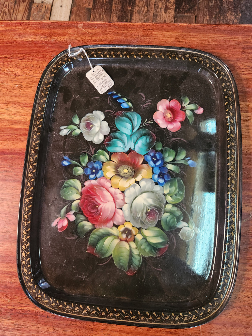 Vintage Zhostovo-Style Hand-Painted Floral Metal Serving Tray