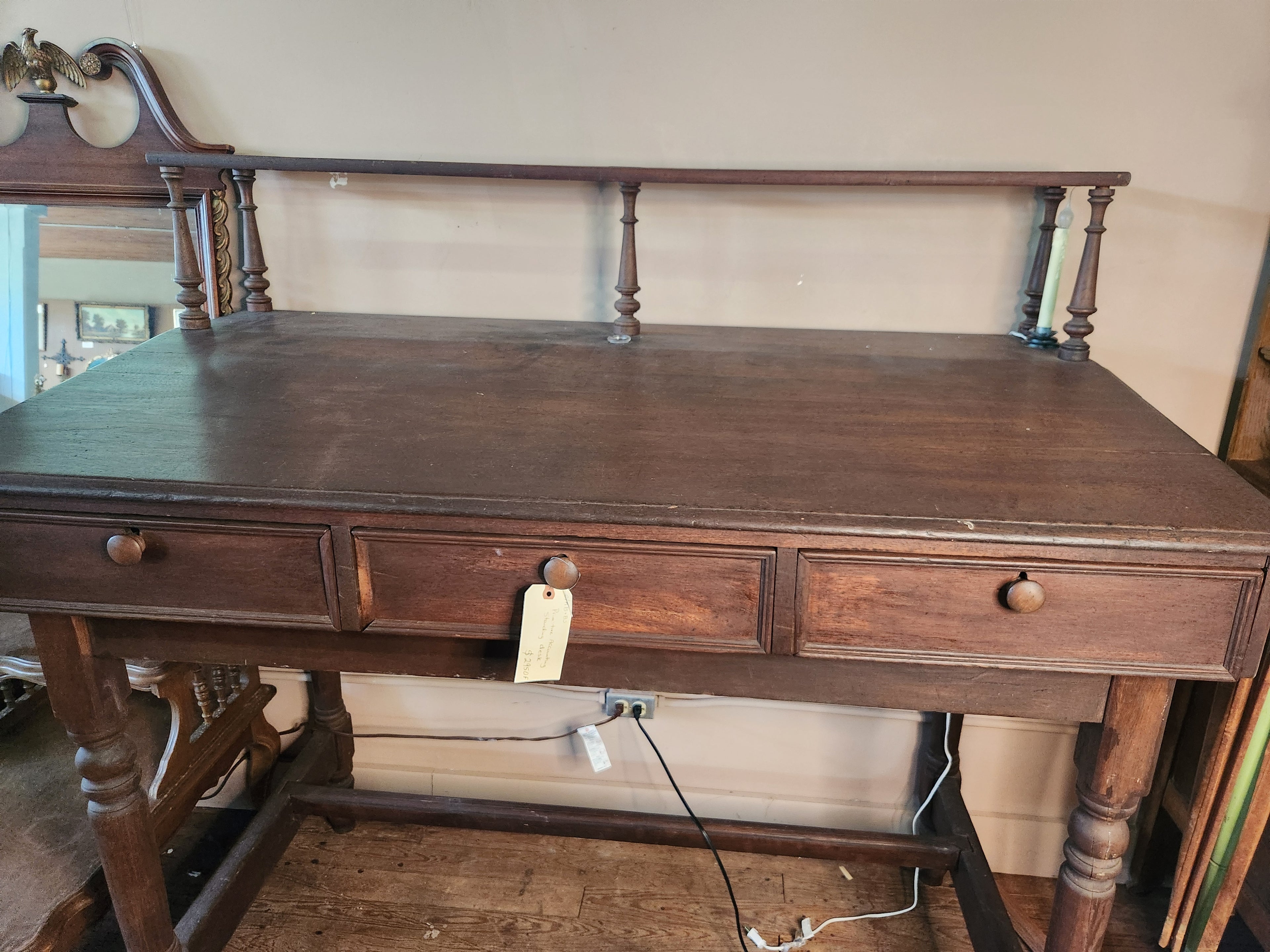 Two-Piece Antique Wooden Desk & Hutch Combo Plantation Desk Clerk's/Postmaster's Desk
