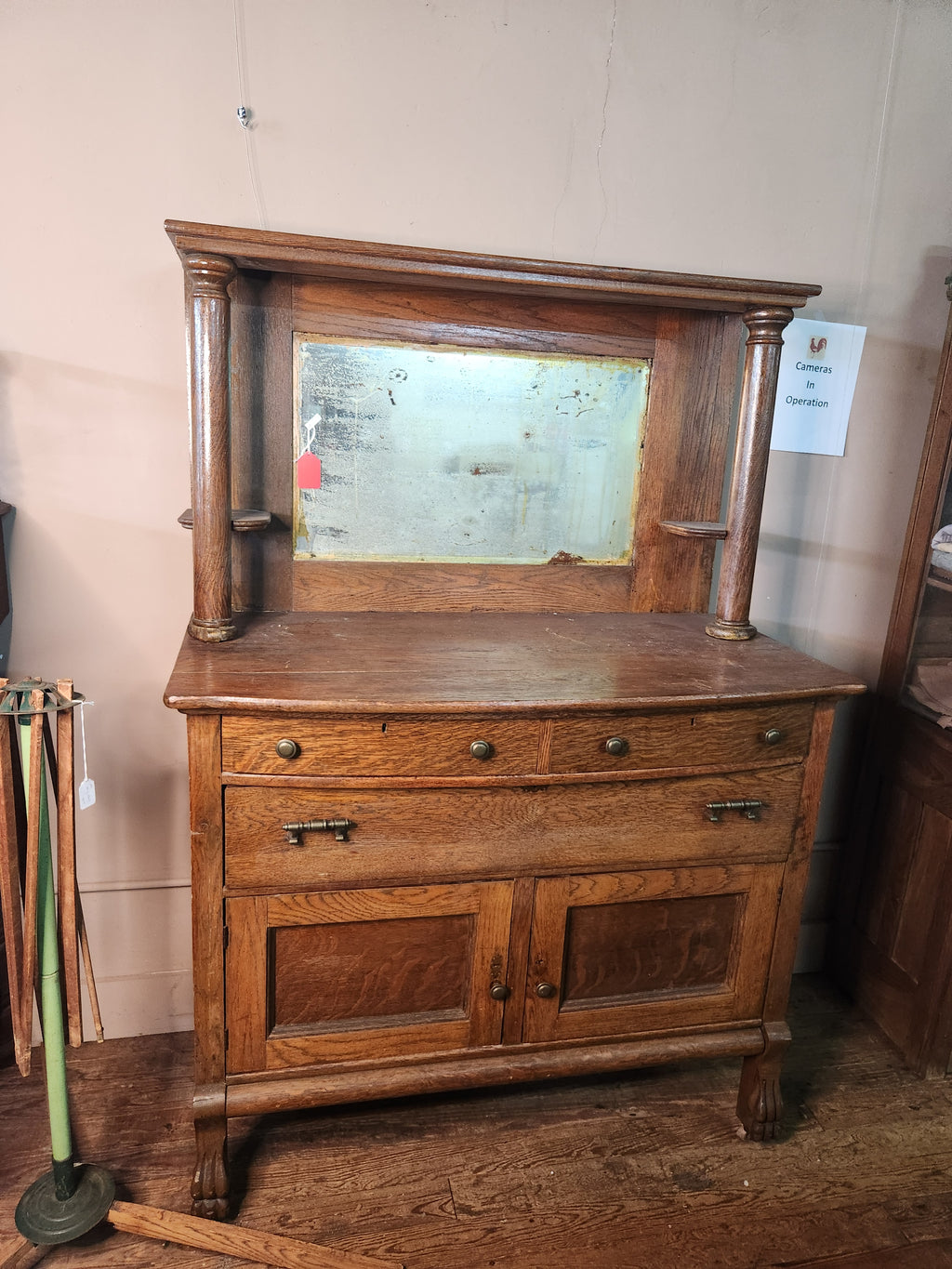 Antique Oak Sideboard Buffet with Beveled Mirror on Casters