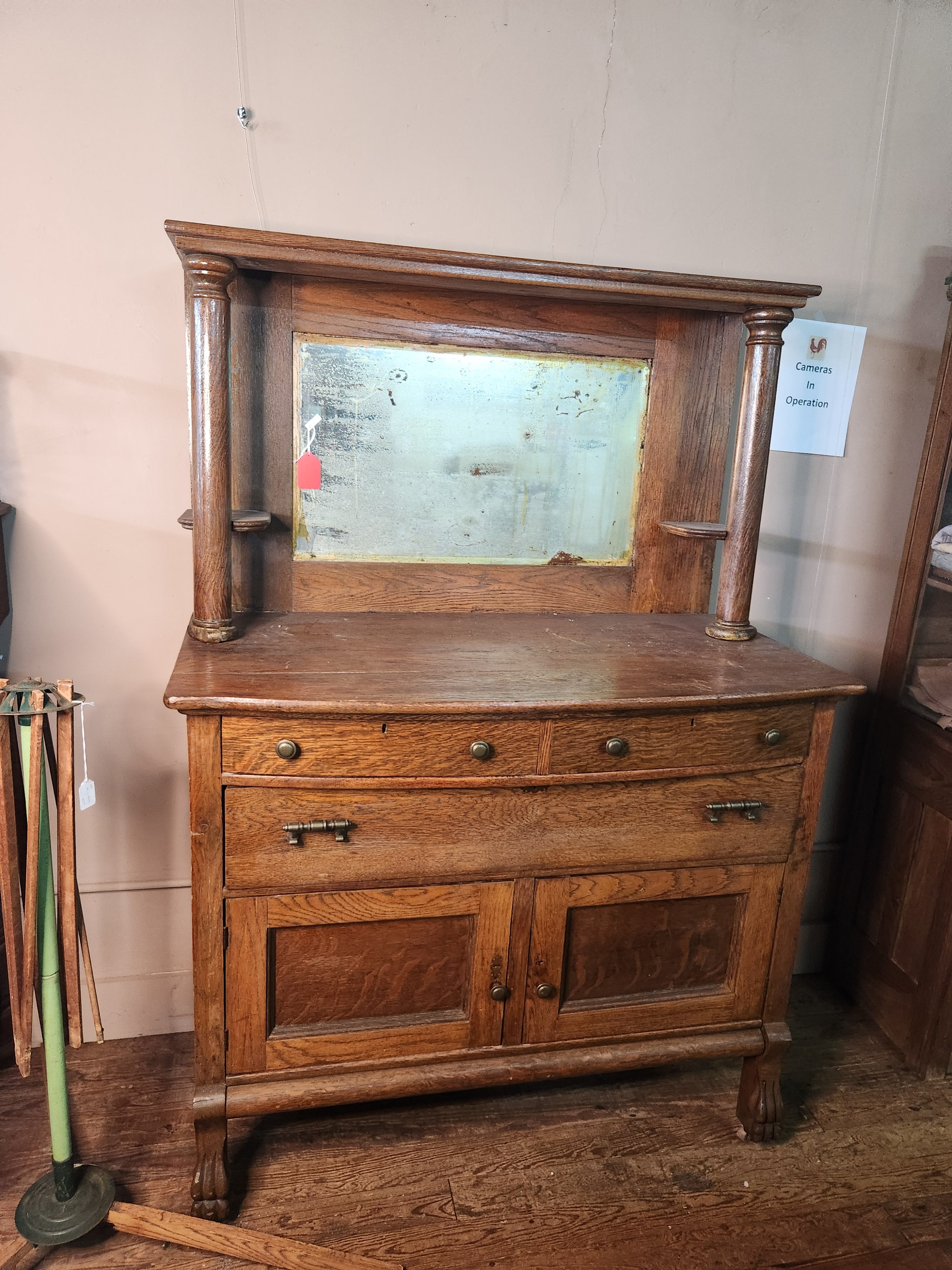 Antique Oak Sideboard Buffet with Beveled Mirror on Casters