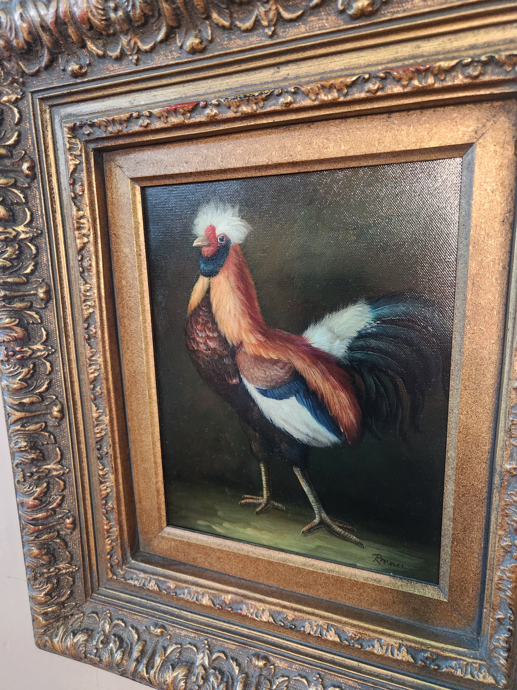 Framed Rooster Oil Painting