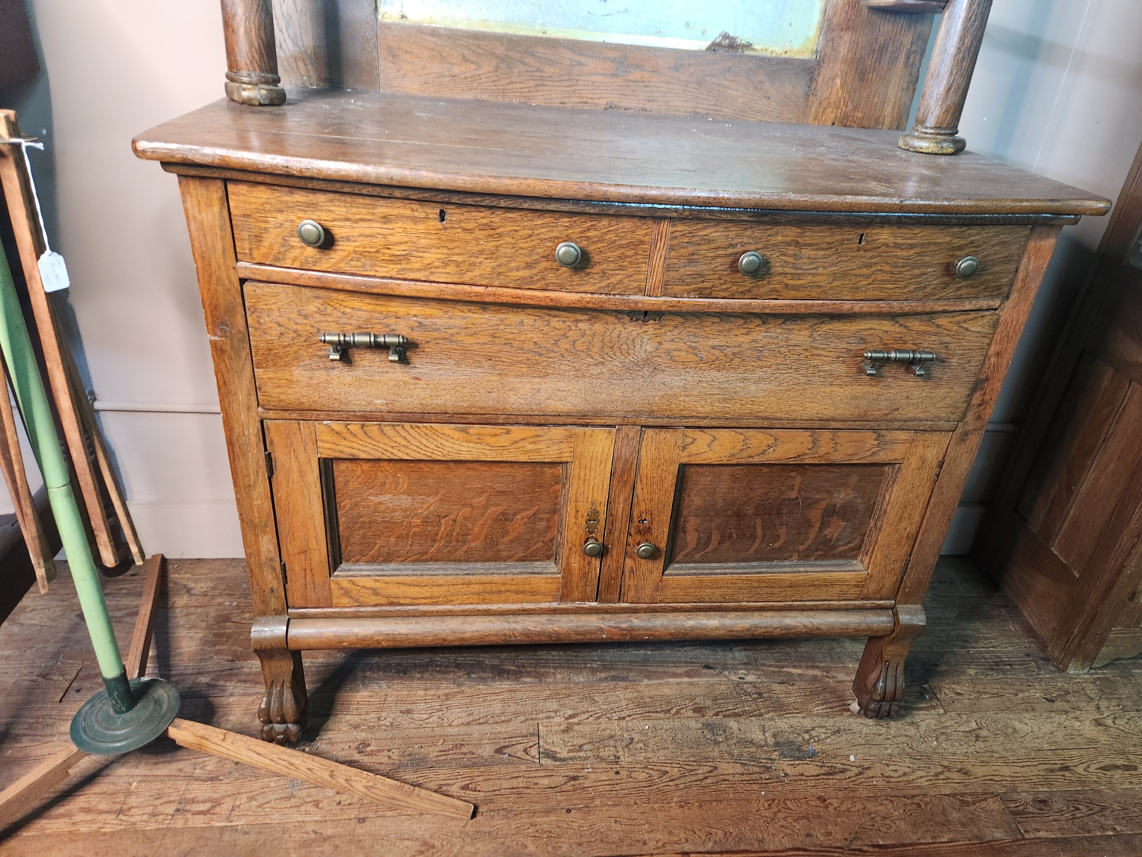 Antique Oak Sideboard Buffet with Beveled Mirror on Casters
