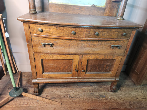 Antique Oak Sideboard Buffet with Beveled Mirror on Casters