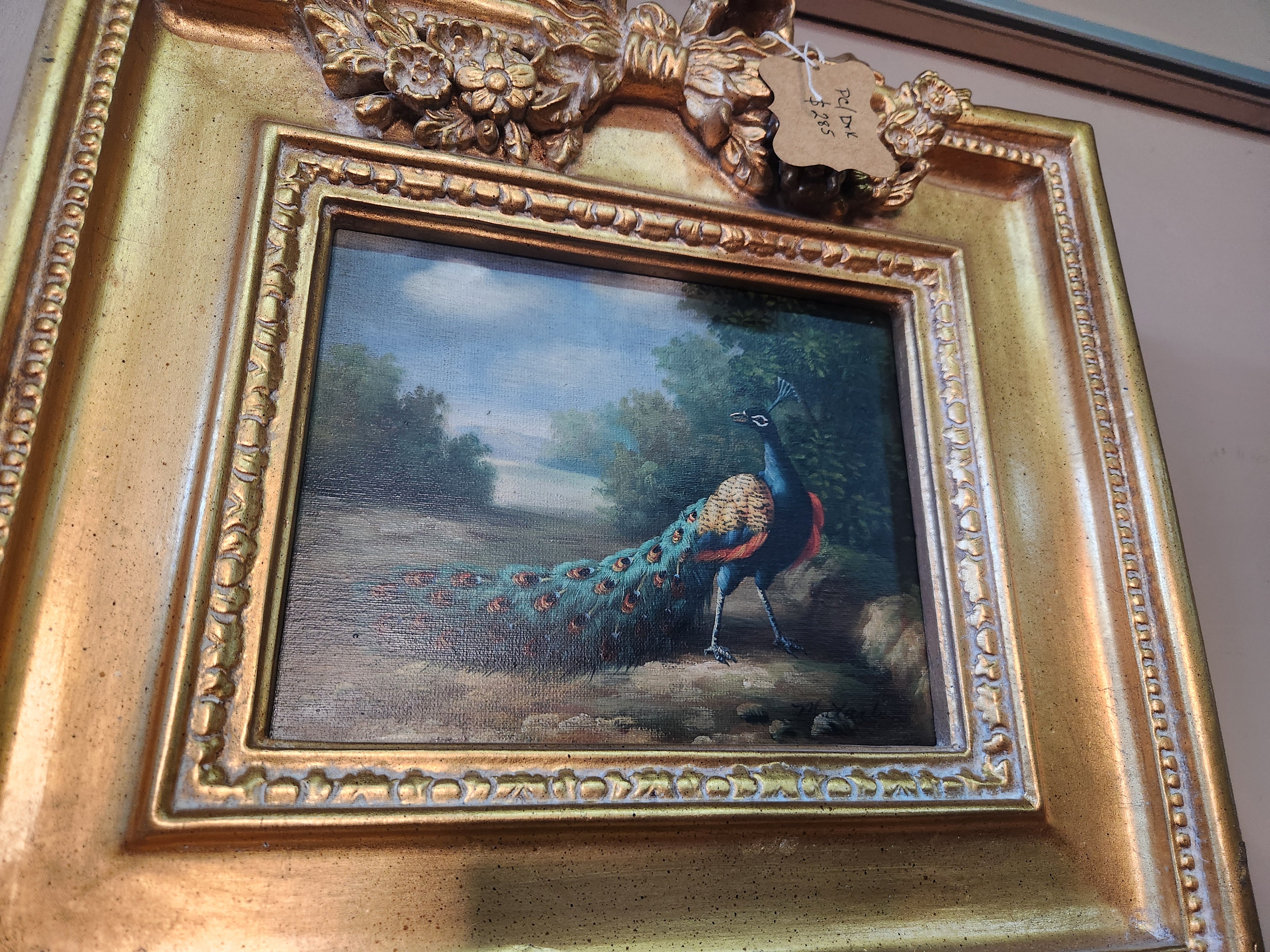 Vintage Framed Oil Painting Peacock Landscape Scene