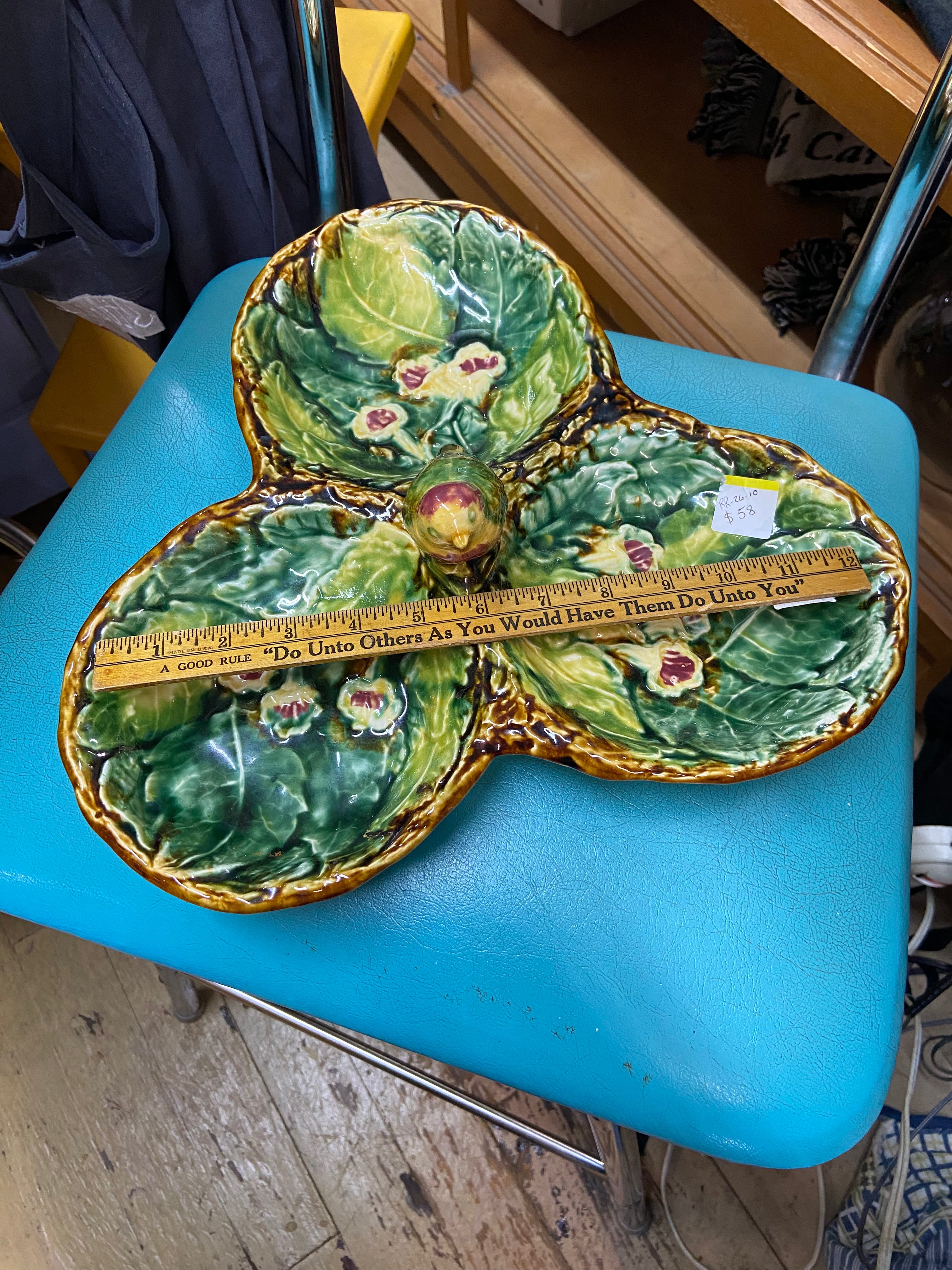 Vintage Three-Leaf Divided Dish Mid-Century Majolica-Style
